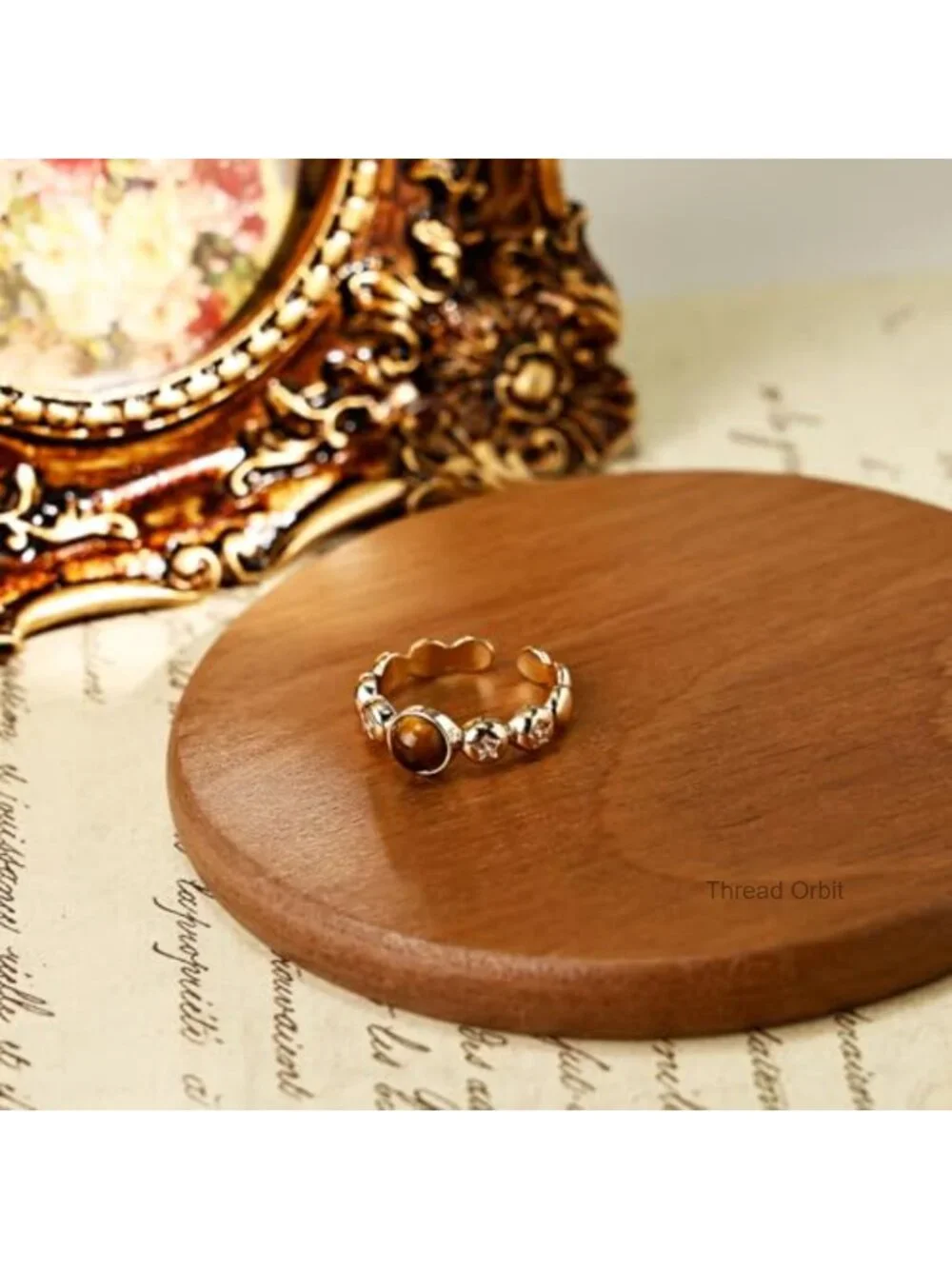 14K Gold Plated Tigers Eye Star CZ Vintage Statement Ring Adjustable